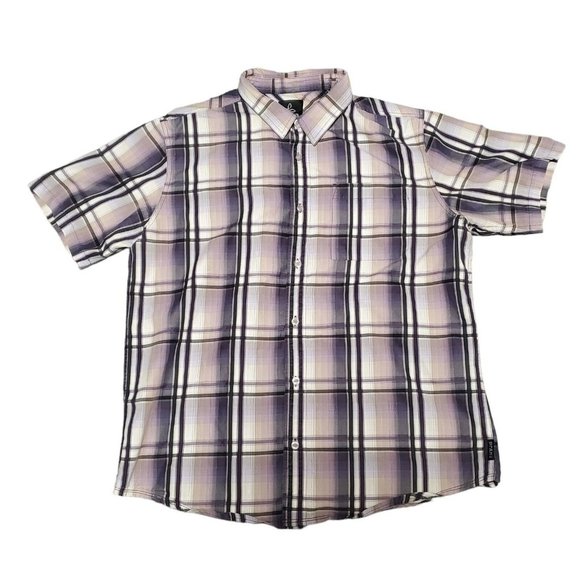 Prana Men's Large Purple Plaid Print Short Sleeves Button Up Collared Shirt - Picture 1 of 7